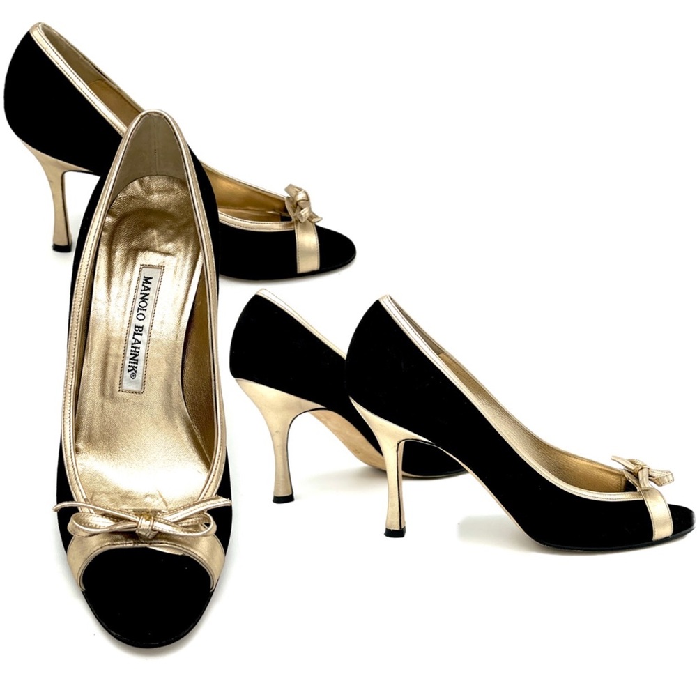 size 37, Y2K Manolo Blahnik Black and Gold Pumps Like New
